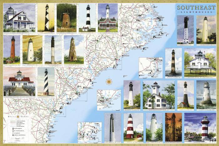 Southeast Lighthouse Maps - Illustrated guide map to Southeast lighthouses